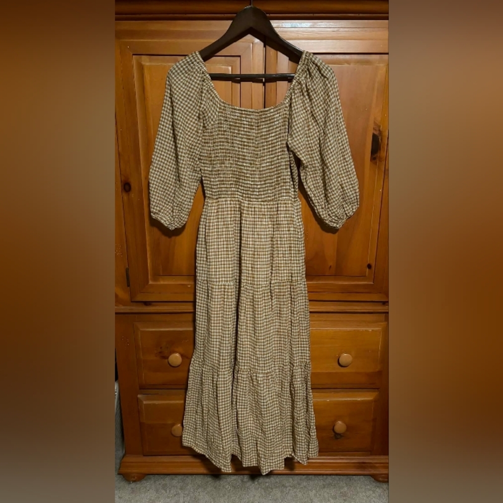 Shop Dahl 100% Cotton Smocked Brown Gingham Maxi Dress